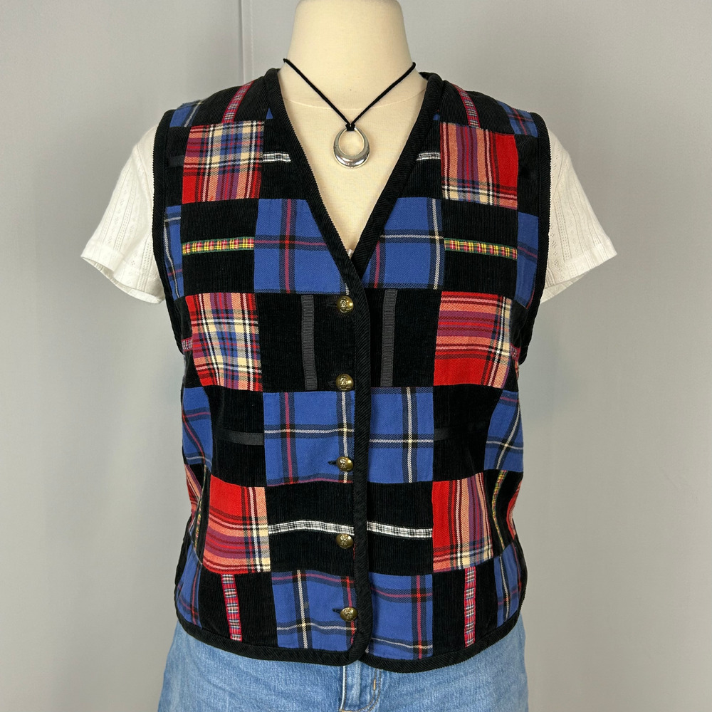 Vintage Waistcoat Vest Size Medium Blue Red Black Patchwork Corduroy 90s